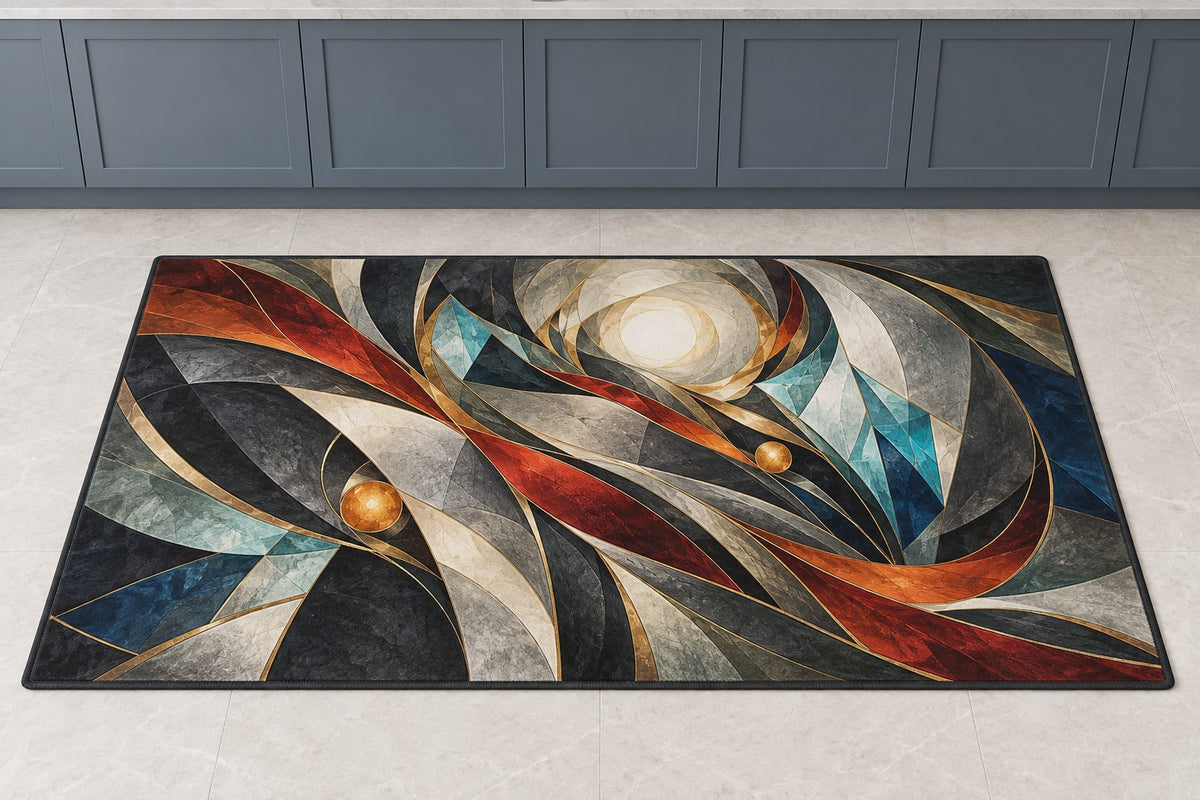 Emberline Rescue Atrium Kitchen Rug with dimensional printed themed artwork; representative AI-generated mockup.