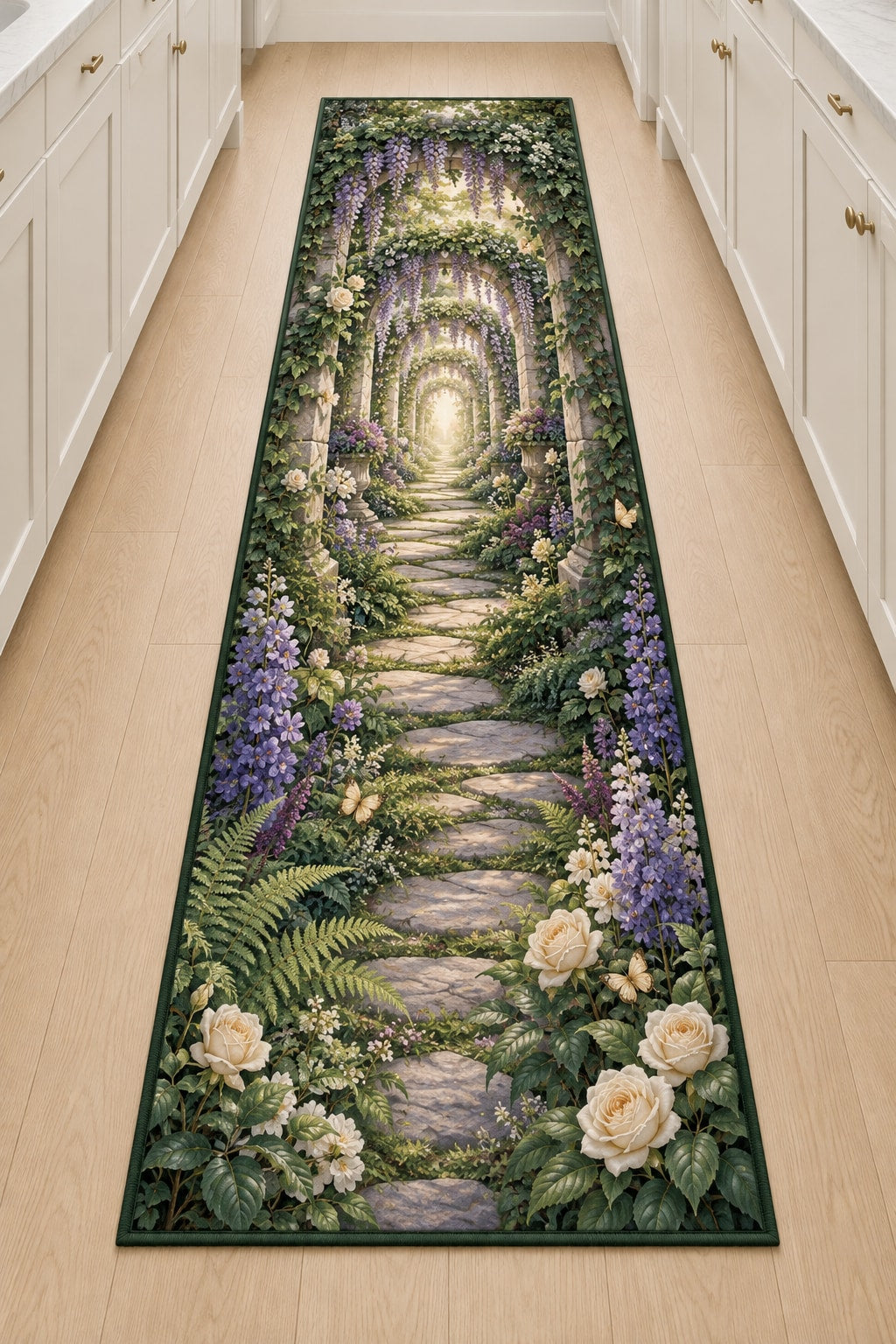 Retirement Garden Portal Kitchen Rug with dimensional printed themed artwork; representative AI-generated mockup.