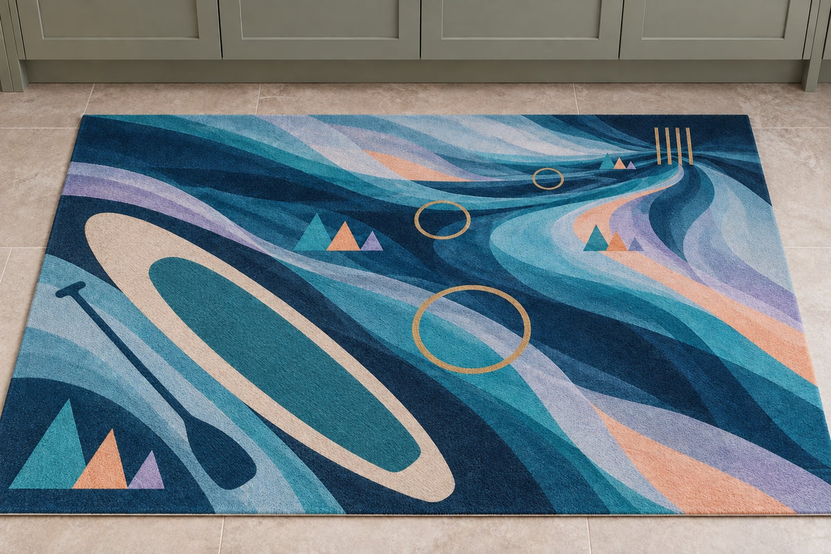 Stillwater Stance Prismwake Kitchen Rug with dimensional printed themed artwork; representative AI-generated mockup.