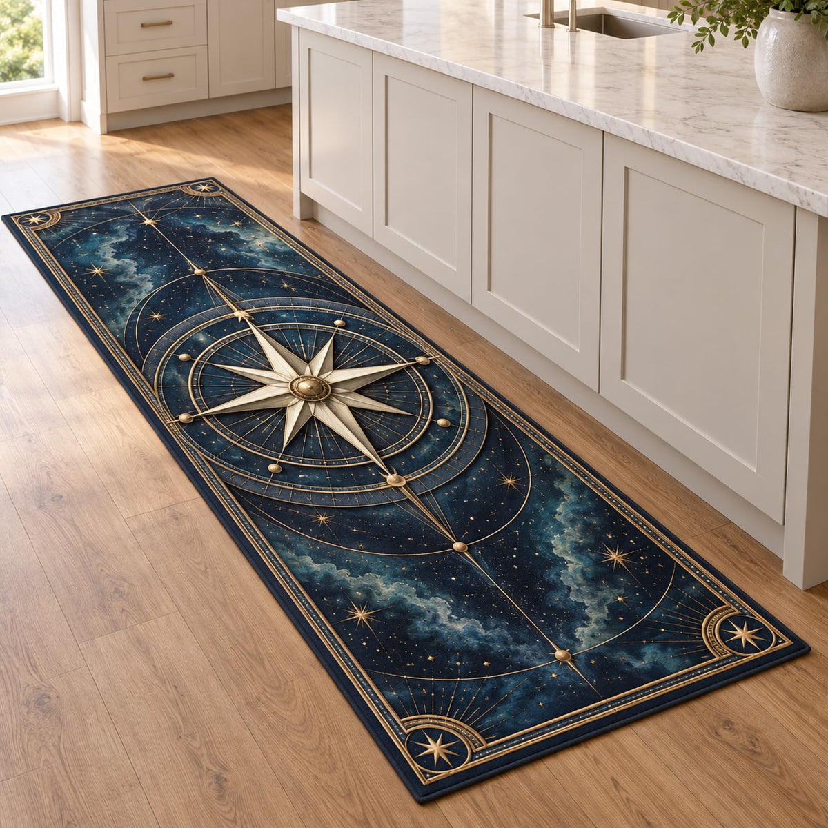 Star Compass Kitchen Rug with dimensional printed themed artwork; representative AI-generated mockup.