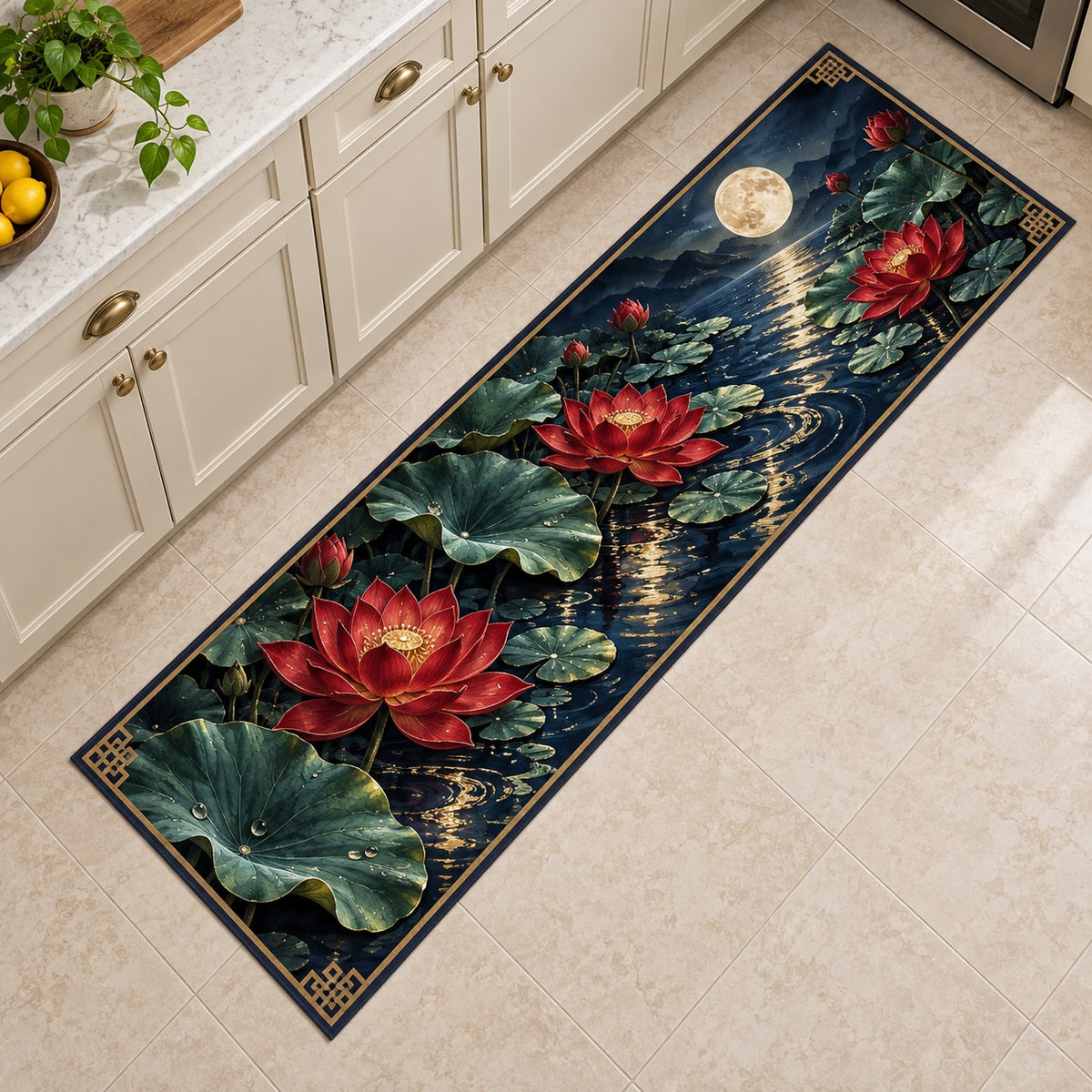 Red Lotus Mandala Kitchen Rug with dimensional printed themed artwork; representative AI-generated mockup.