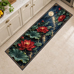 Red Lotus Mandala Kitchen Rug with dimensional printed themed artwork; representative AI-generated mockup.