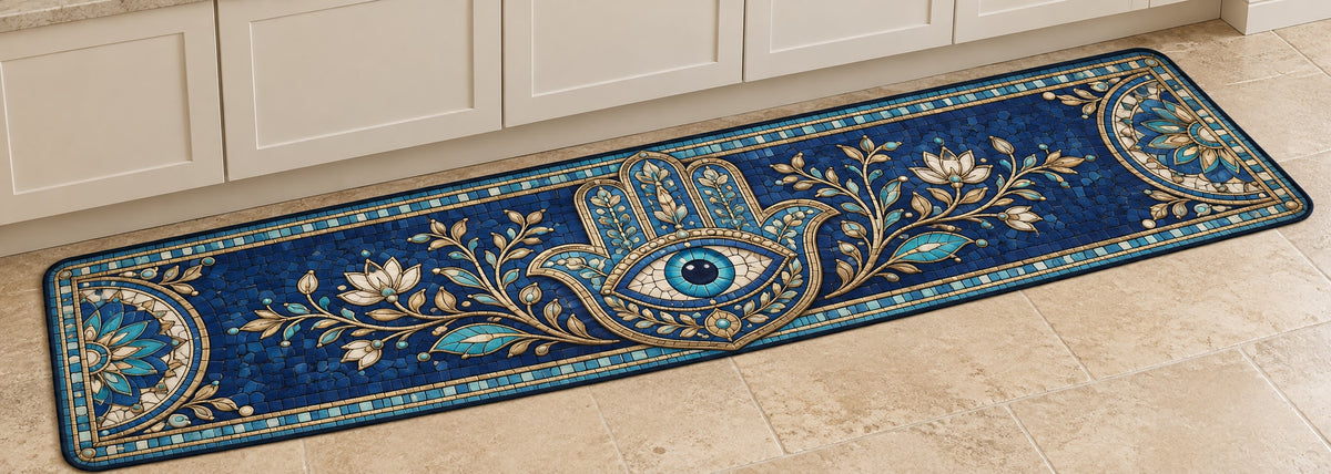 Hamsa Eye Mosaic Kitchen Rug with dimensional printed themed artwork; representative AI-generated mockup.
