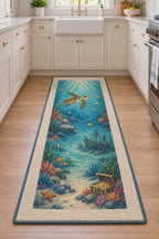 Underwater Treasure Map Kitchen Rug with dimensional printed themed artwork; representative AI-generated mockup.