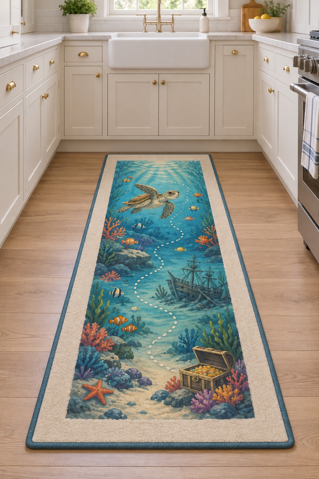 Underwater Treasure Map Kitchen Rug with dimensional printed themed artwork; representative AI-generated mockup.