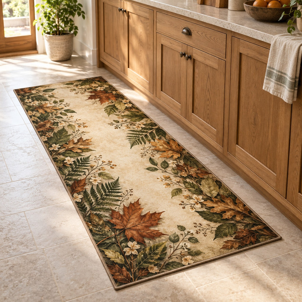 Pressed Woodland Leaves Kitchen Rug with dimensional printed themed artwork; representative AI-generated mockup.