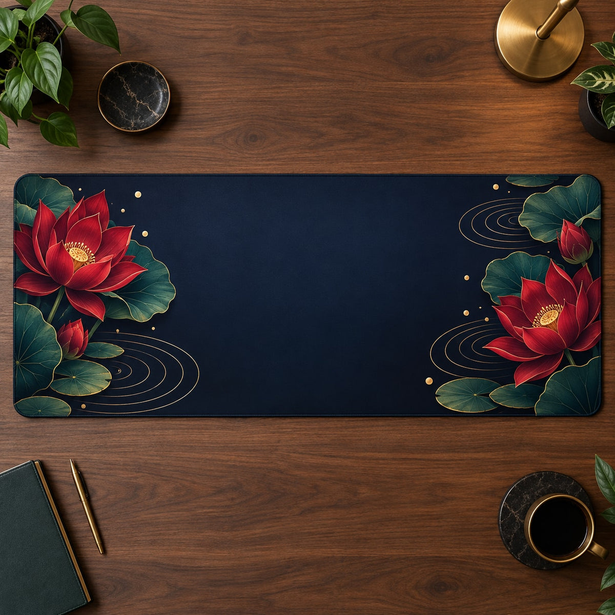 Red Lotus Mandala Desk Mat with dimensional printed themed artwork; representative AI-generated mockup.
