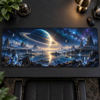 Ringed Planet Desk Mat with dimensional printed themed artwork; representative AI-generated mockup.