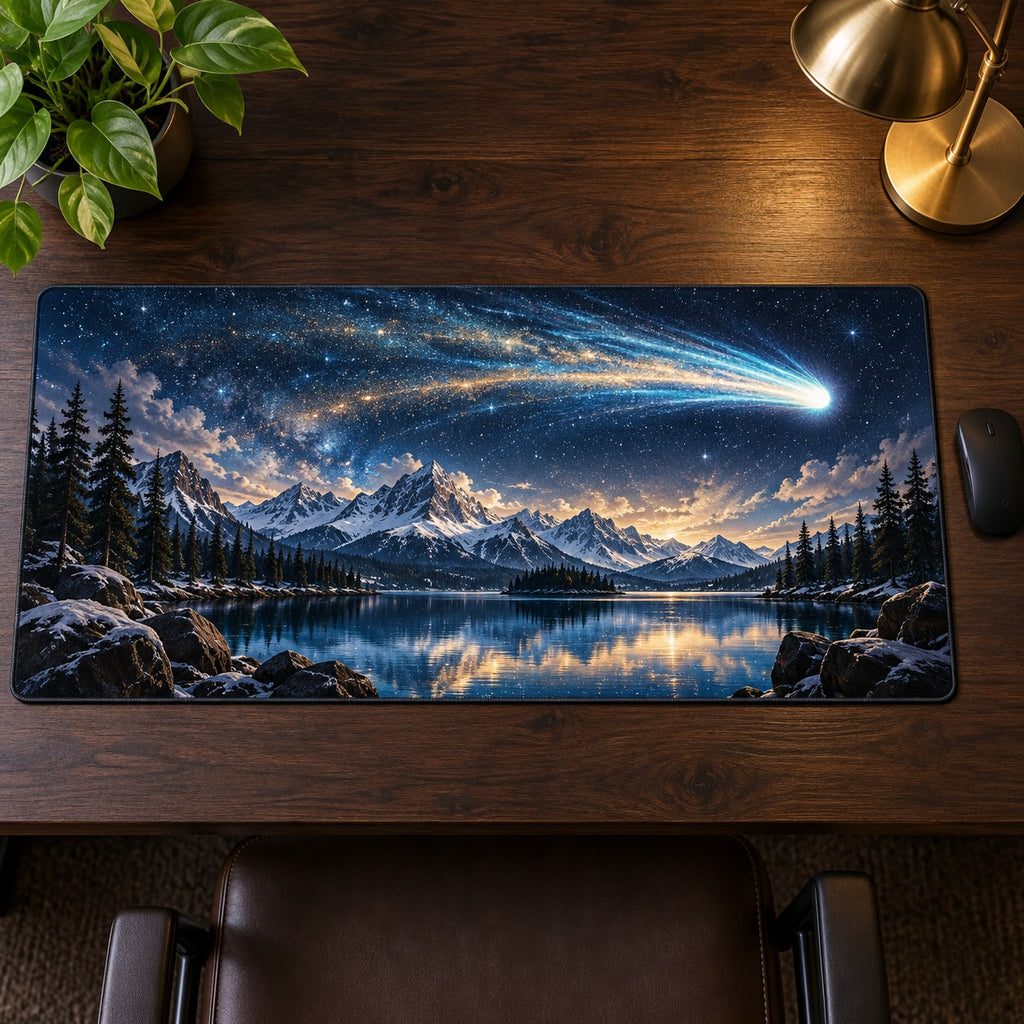 Comet Trail Desk Mat with dimensional printed themed artwork; representative AI-generated mockup.