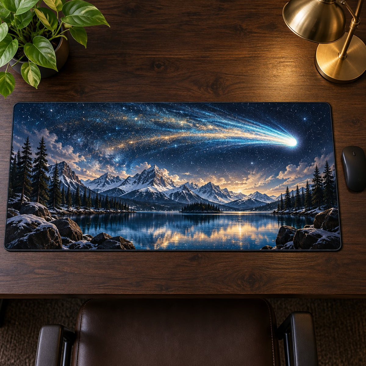 Comet Trail Desk Mat with dimensional printed themed artwork; representative AI-generated mockup.