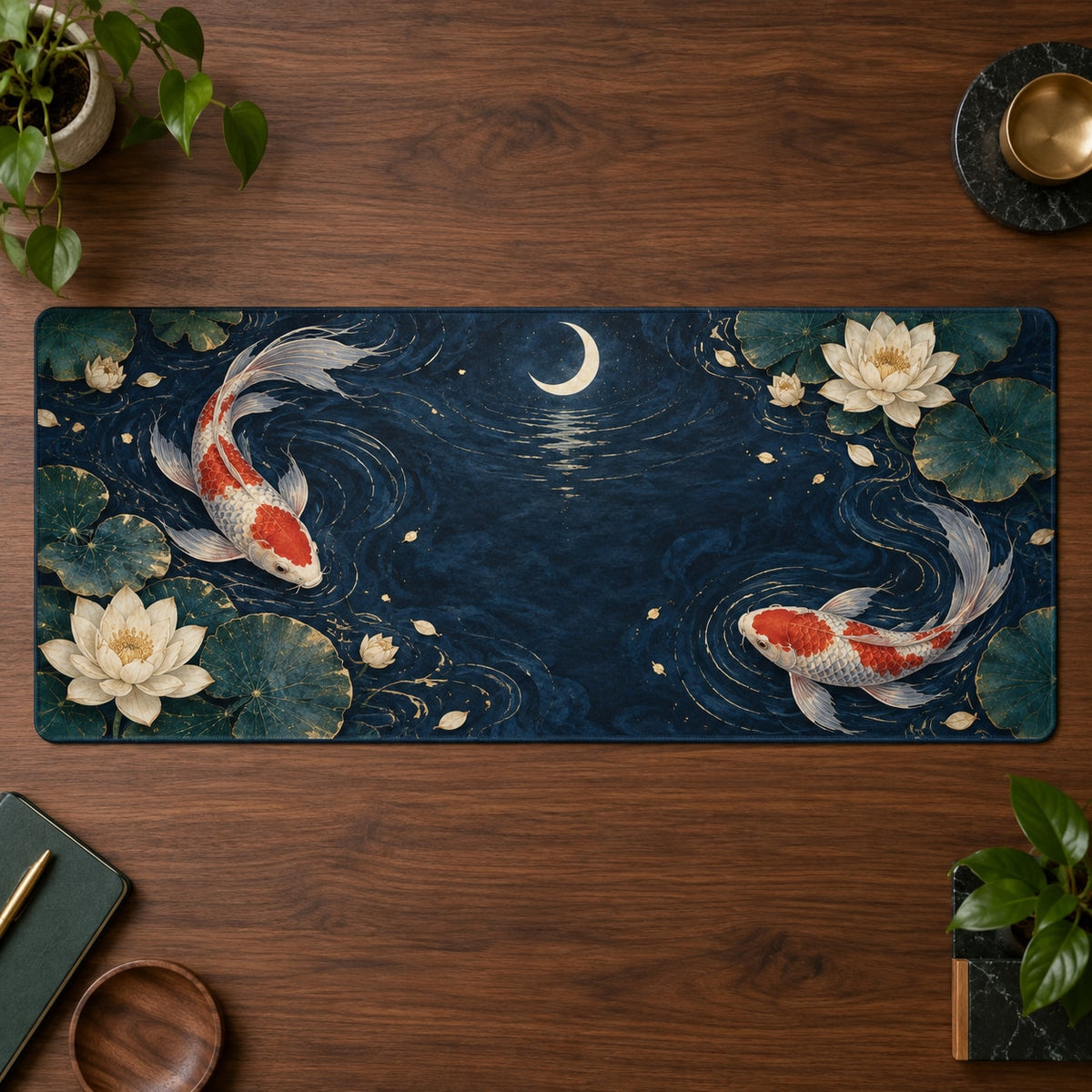 Celestial Koi Desk Mat with dimensional printed themed artwork; representative AI-generated mockup.