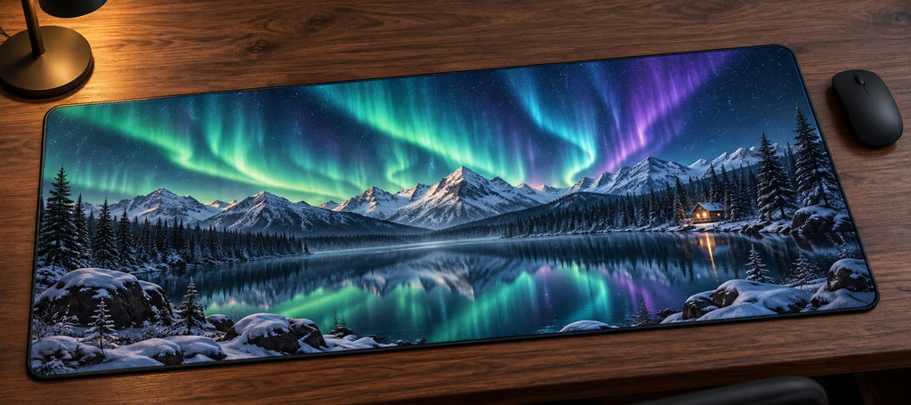 Northern Lights Desk Mat with dimensional printed themed artwork; representative AI-generated mockup.