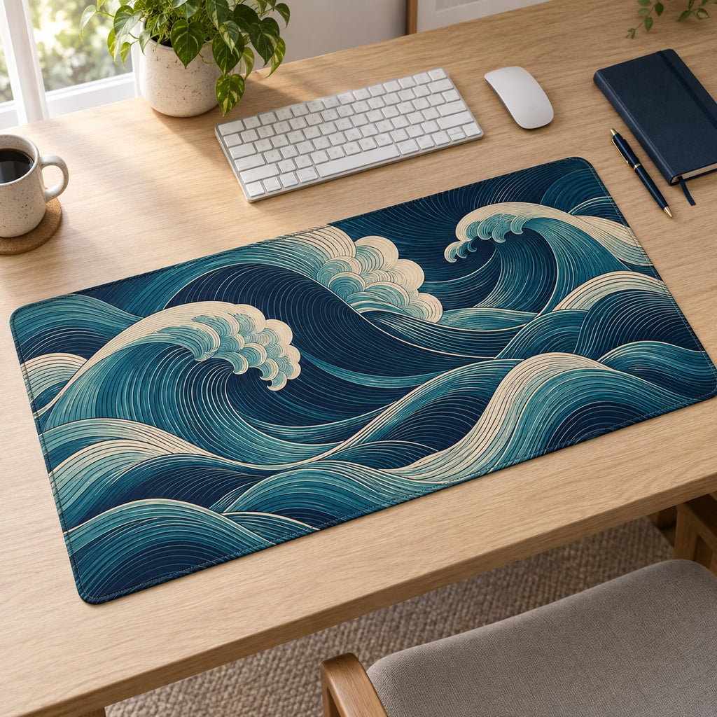 Ocean Wave Linework Desk Mat with dimensional printed themed artwork; representative AI-generated mockup.