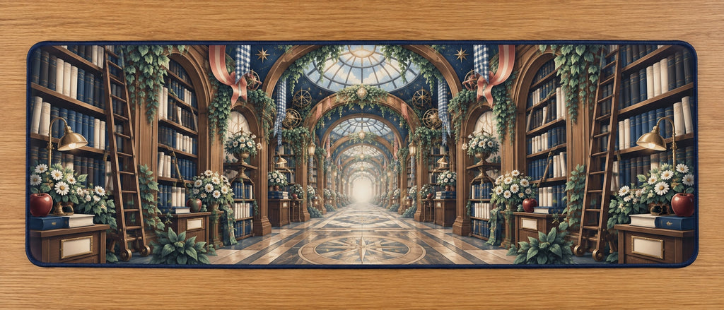 Storybook Library Conservatory Desk Mat with dimensional printed themed artwork; representative AI-generated mockup.