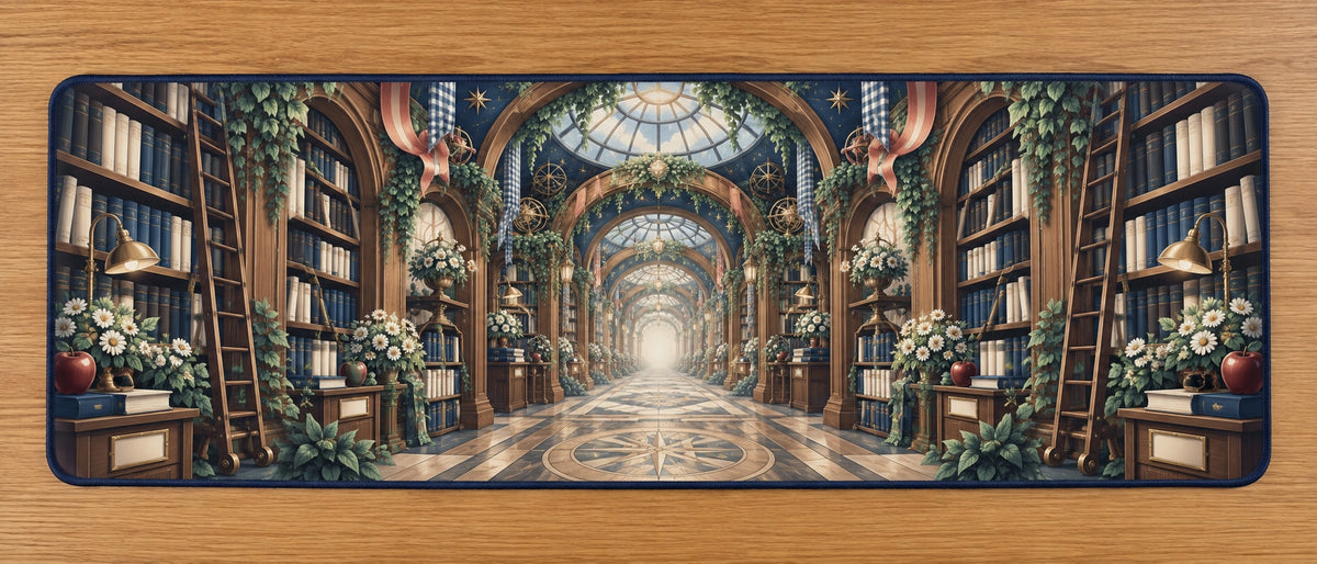 Storybook Library Conservatory Desk Mat with dimensional printed themed artwork; representative AI-generated mockup.