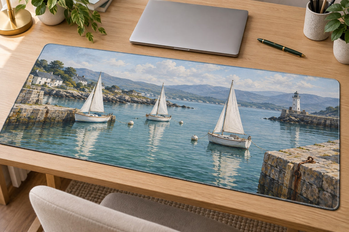Sailboat Harbor Desk Mat with dimensional printed themed artwork; representative AI-generated mockup.