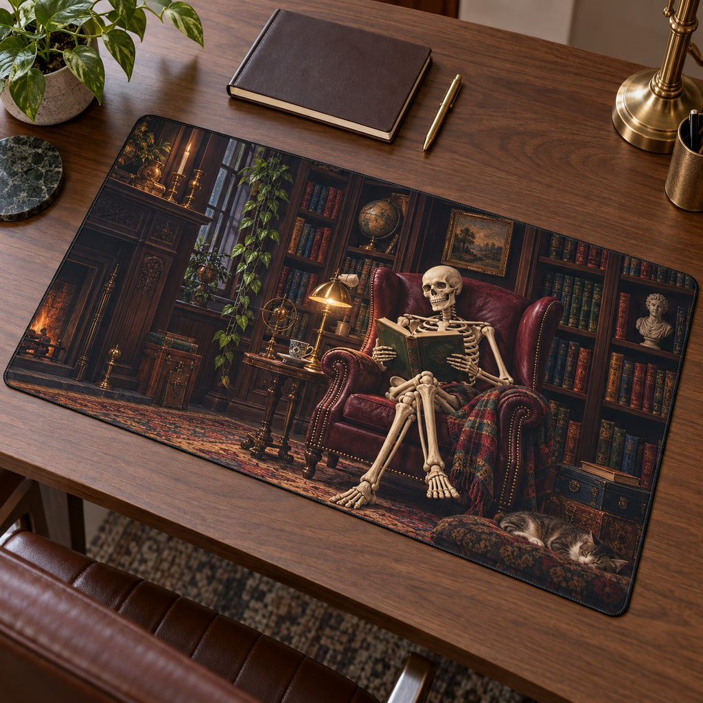 Skeleton Reading Nook Desk Mat with dimensional printed themed artwork; representative AI-generated mockup.