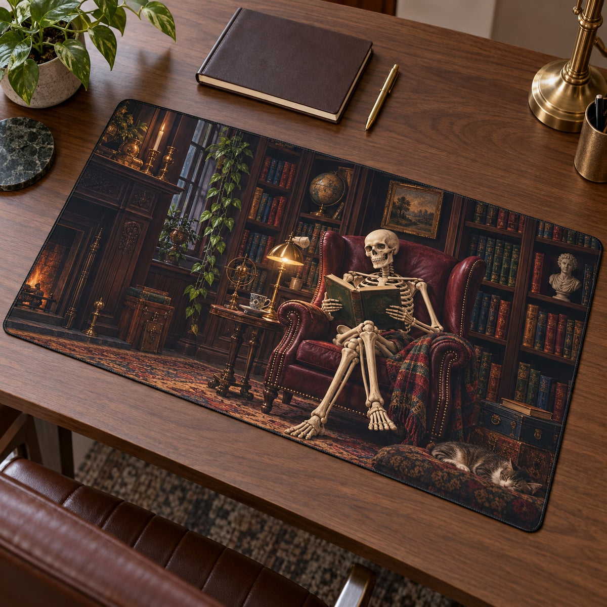 Skeleton Reading Nook Desk Mat with dimensional printed themed artwork; representative AI-generated mockup.
