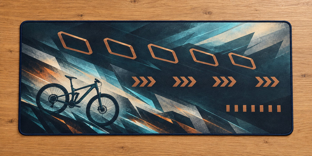 Switchback Ember Traverse Desk Mat with dimensional printed themed artwork; representative AI-generated mockup.