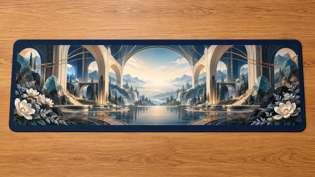 Structural Horizon Atrium Desk Mat with dimensional printed themed artwork; representative AI-generated mockup.