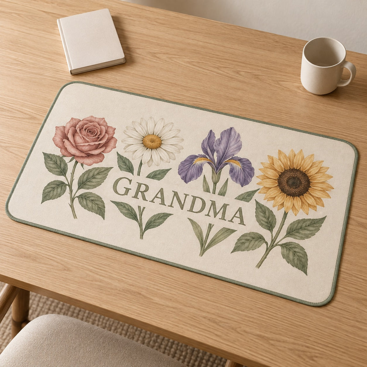Grandmother Birth Flower Garden Desk Mat with dimensional printed themed artwork; representative AI-generated mockup.