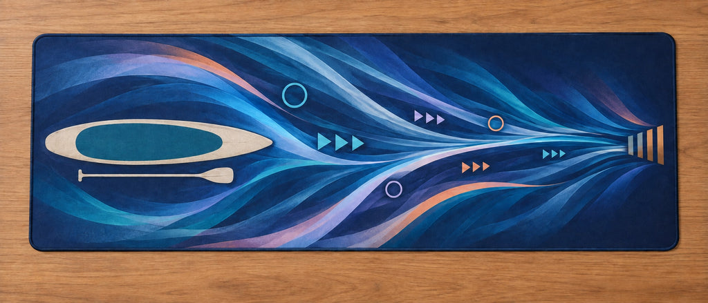 Stillwater Stance Prismwake Desk Mat with dimensional printed themed artwork; representative AI-generated mockup.