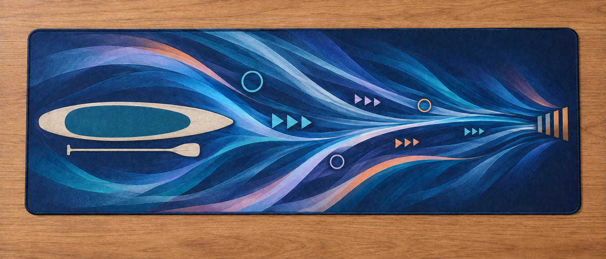 Stillwater Stance Prismwake Desk Mat with dimensional printed themed artwork; representative AI-generated mockup.