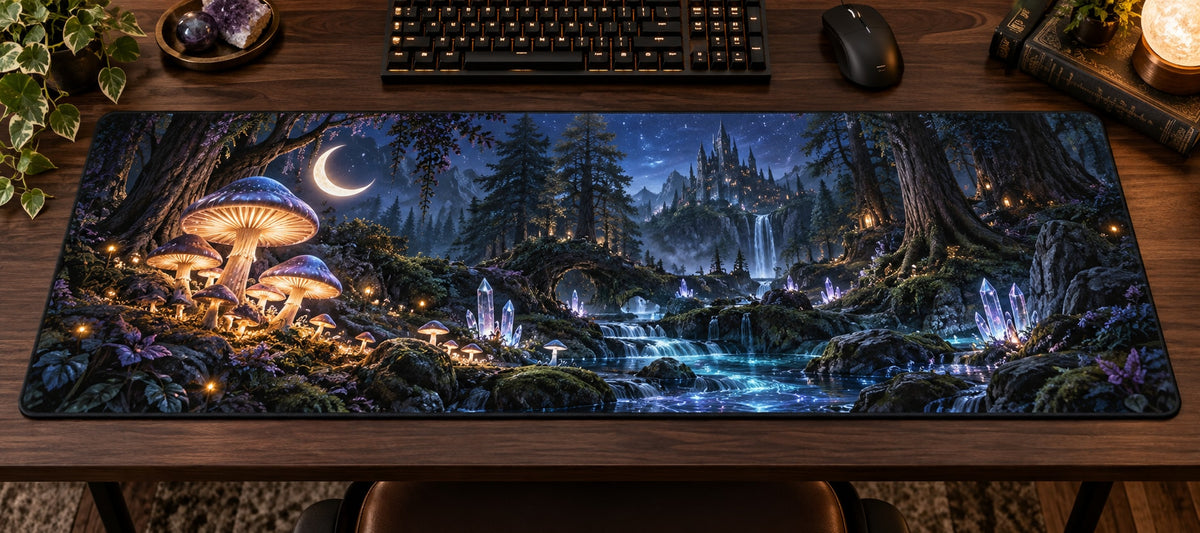 Celestial Mushroom Forest Desk Mat with dimensional printed themed artwork; representative AI-generated mockup.