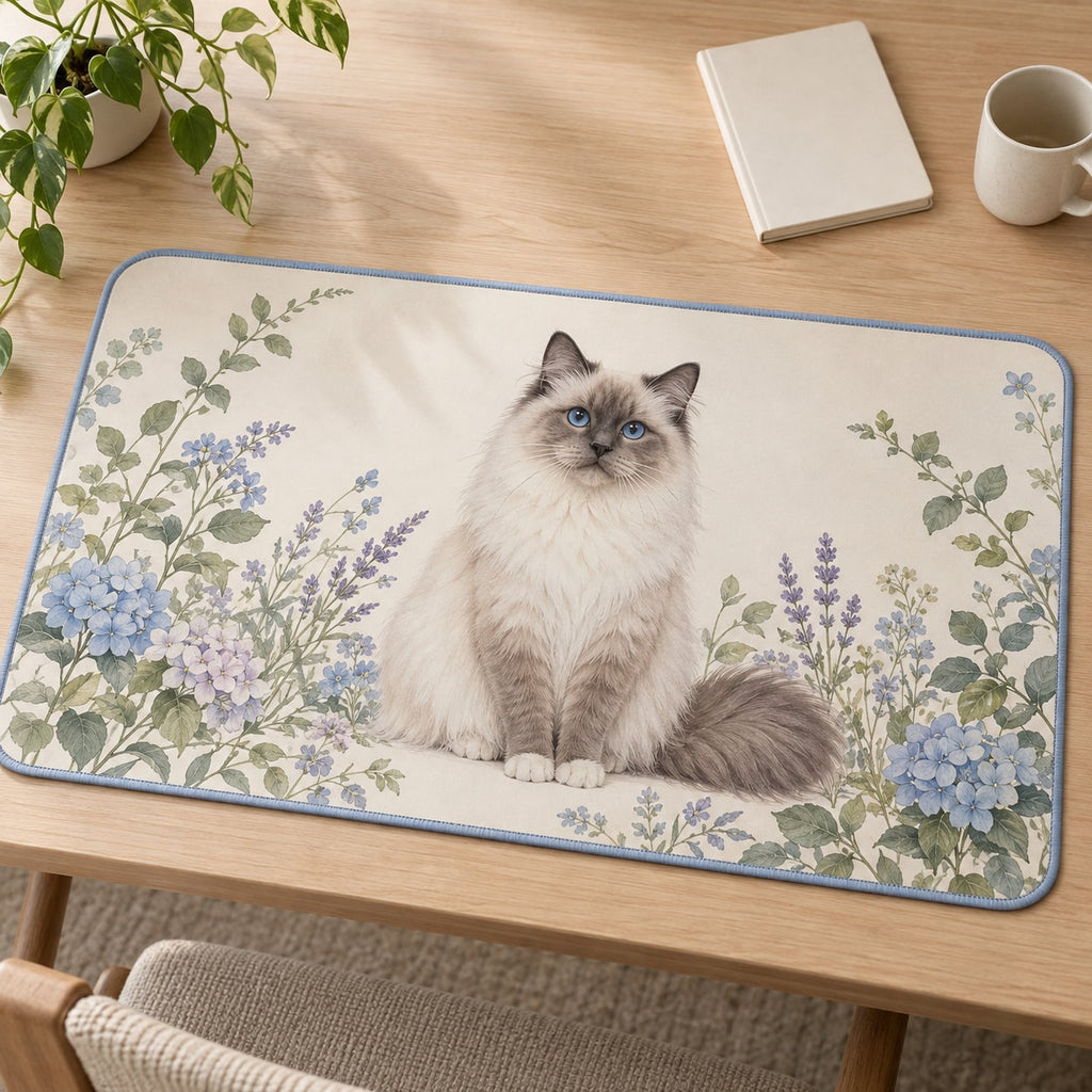 Ragdoll Cat Companion Desk Mat with dimensional printed themed artwork; representative AI-generated mockup.