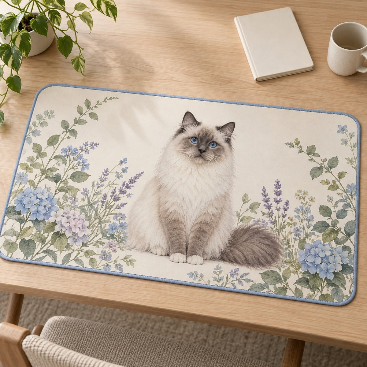 Ragdoll Cat Companion Desk Mat with dimensional printed themed artwork; representative AI-generated mockup.