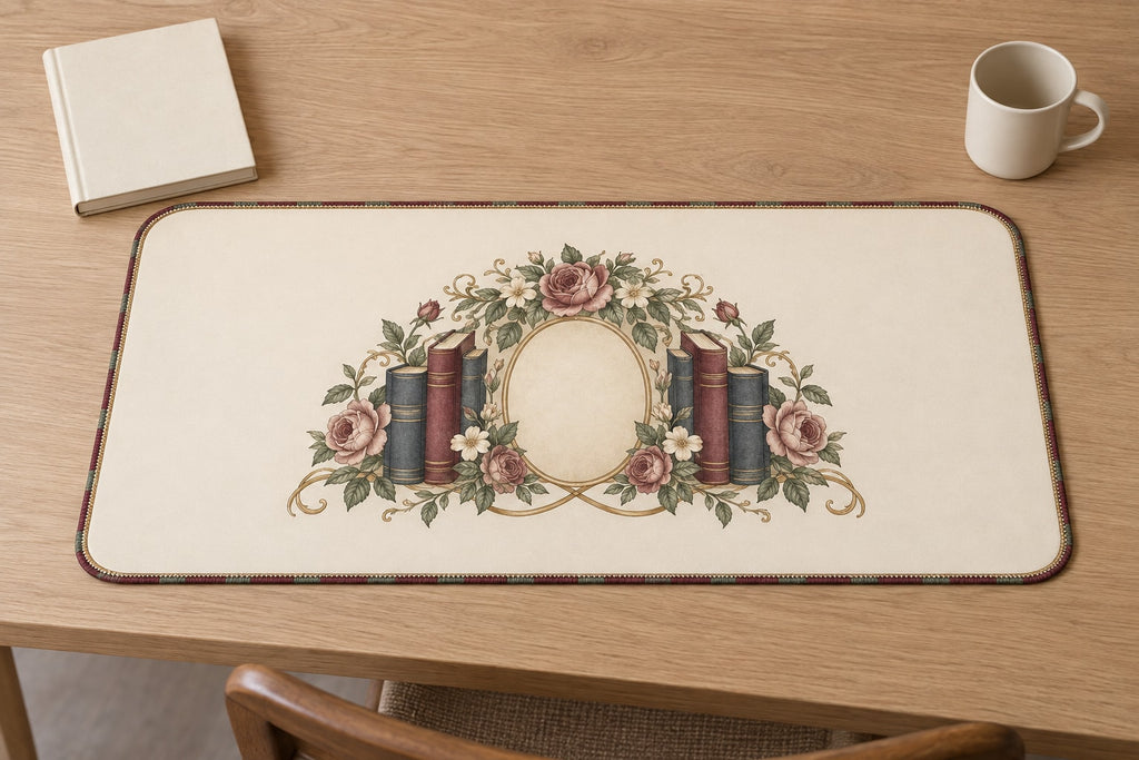 Antique Library Rose Desk Mat with dimensional printed themed artwork; representative AI-generated mockup.