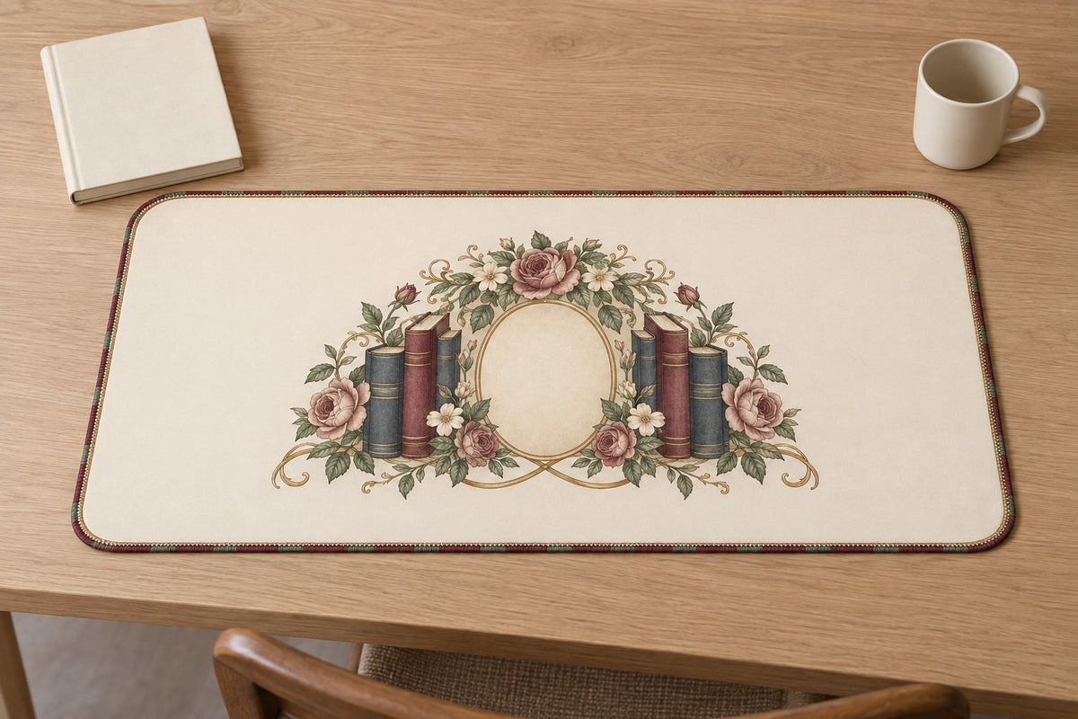 Antique Library Rose Desk Mat with dimensional printed themed artwork; representative AI-generated mockup.
