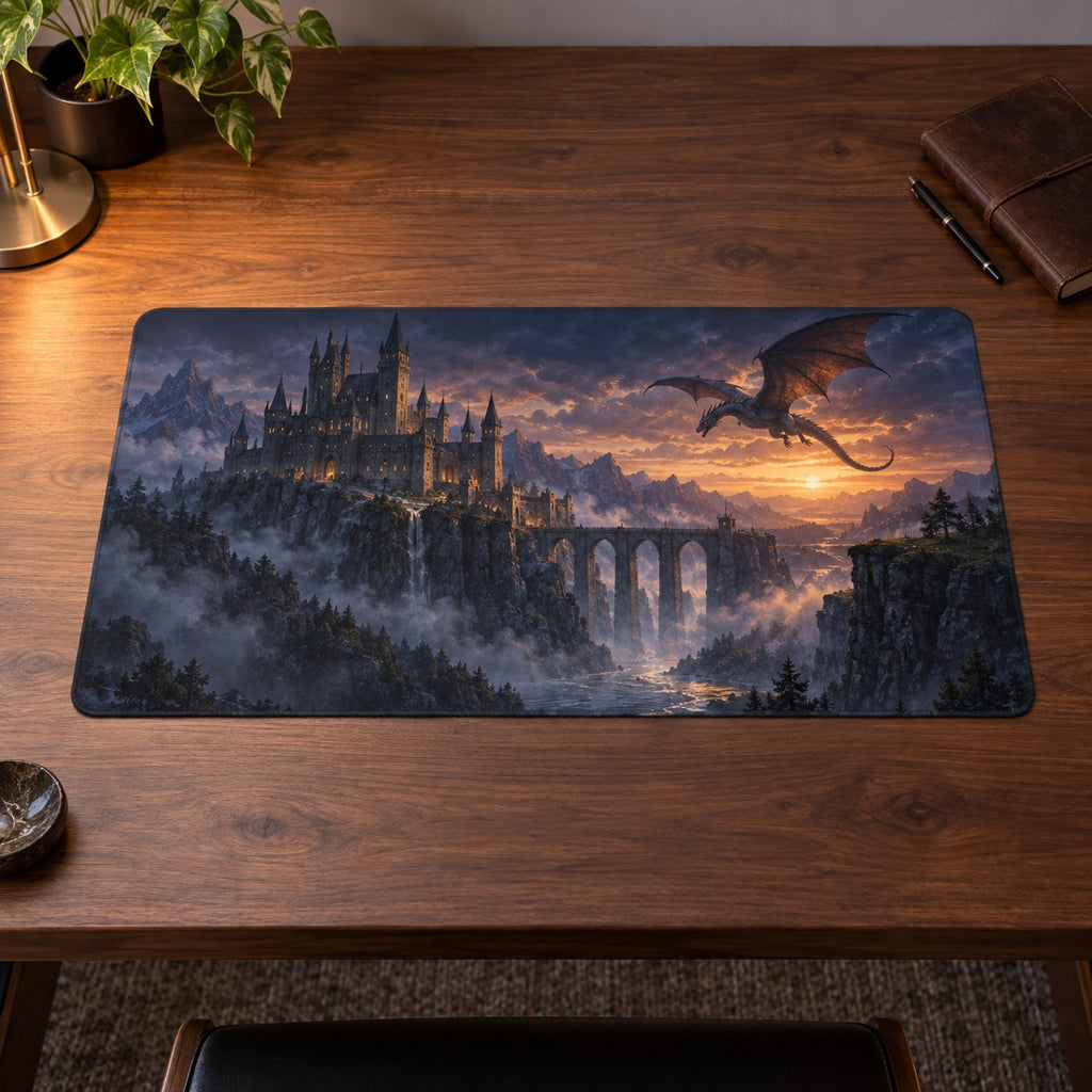 Dragon Castle Desk Mat with dimensional printed themed artwork; representative AI-generated mockup.