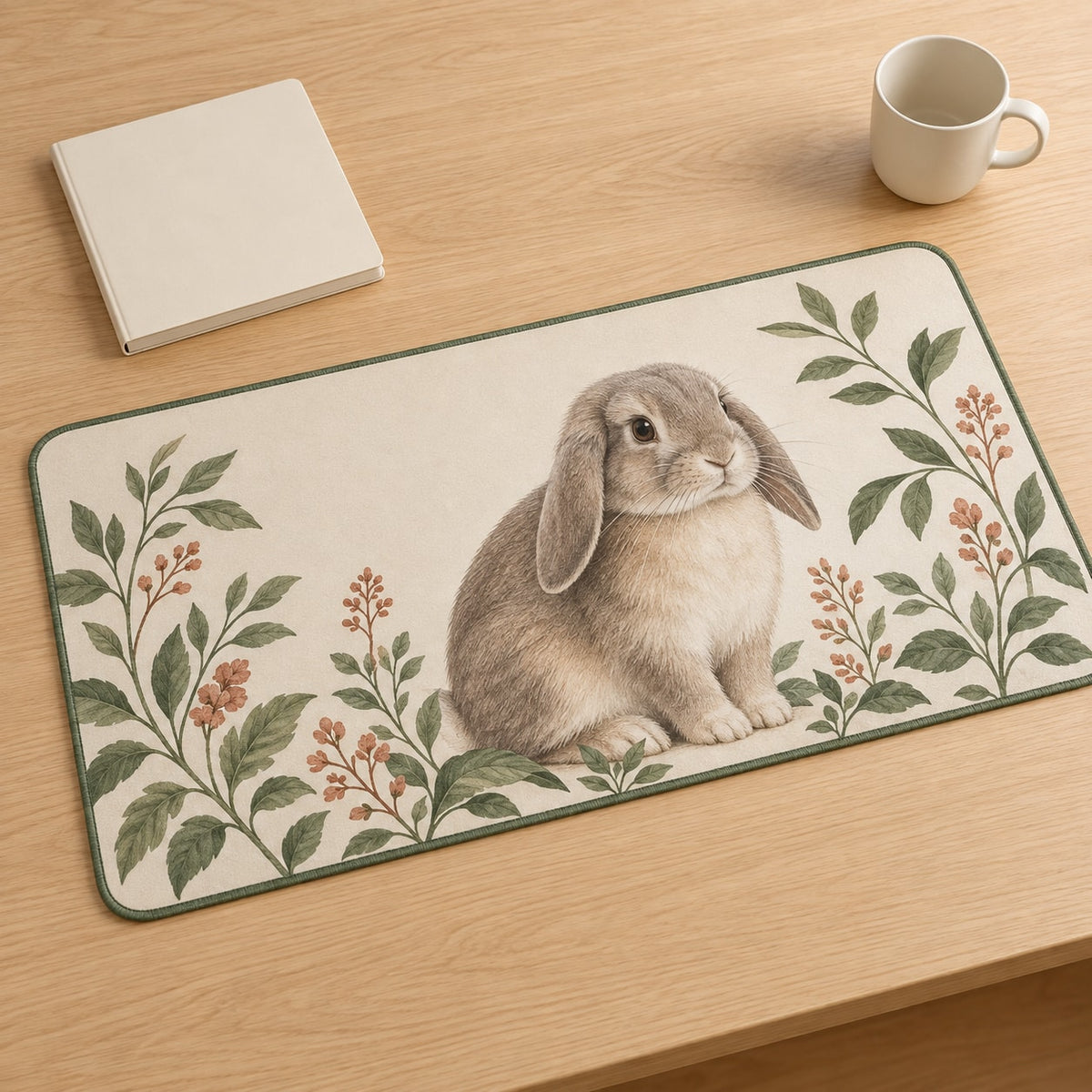 House Rabbit Companion Desk Mat with dimensional printed themed artwork; representative AI-generated mockup.