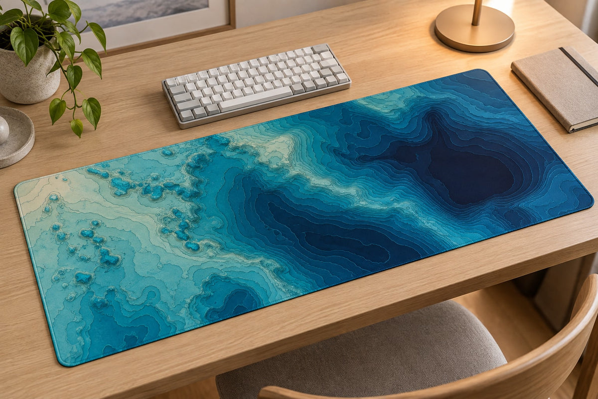 Ocean Depth Contours Desk Mat with dimensional printed themed artwork; representative AI-generated mockup.