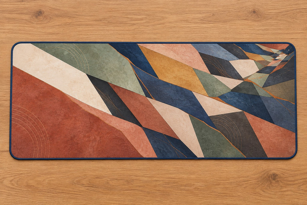 Clayfire Stratafall Desk Mat with dimensional printed themed artwork; representative AI-generated mockup.