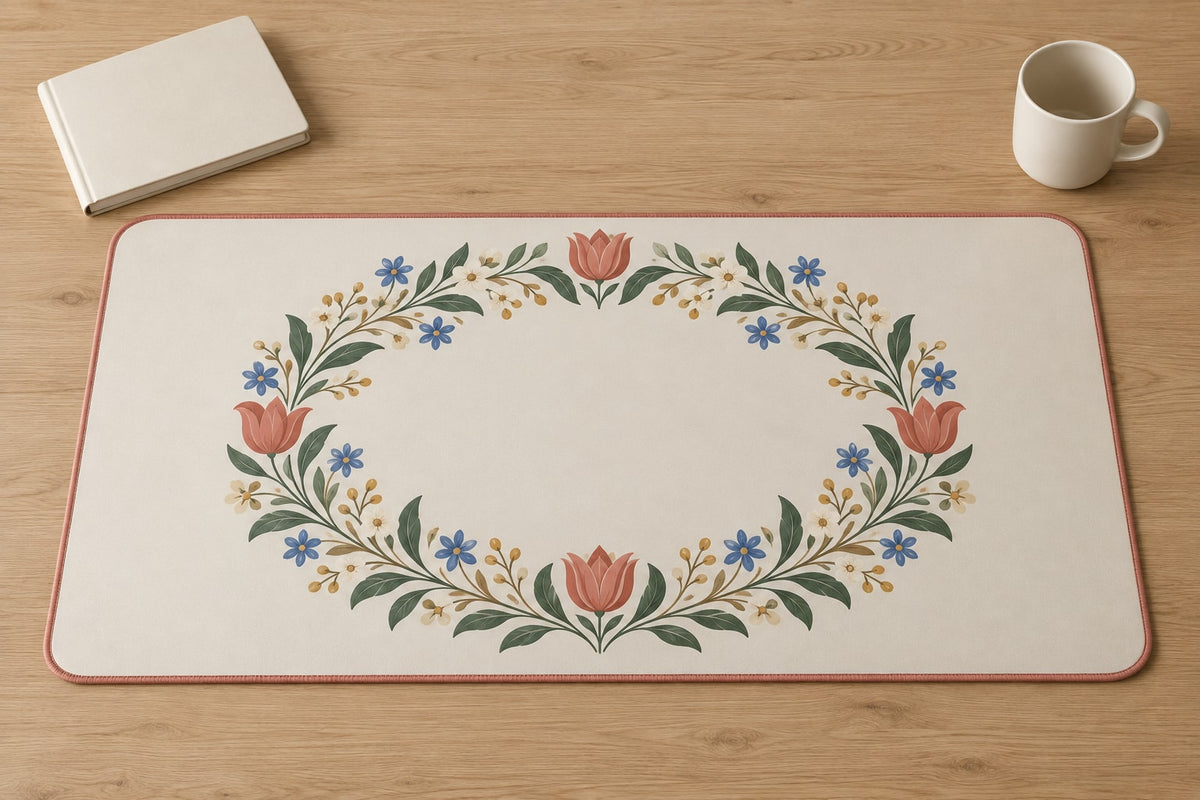 Folk Floral Wedding Wreath Desk Mat with dimensional printed themed artwork; representative AI-generated mockup.