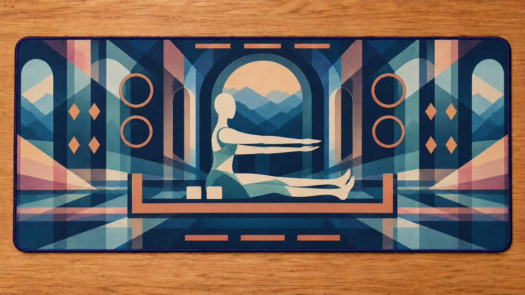 Coreline Carriage Lattice Desk Mat with dimensional printed themed artwork; representative AI-generated mockup.