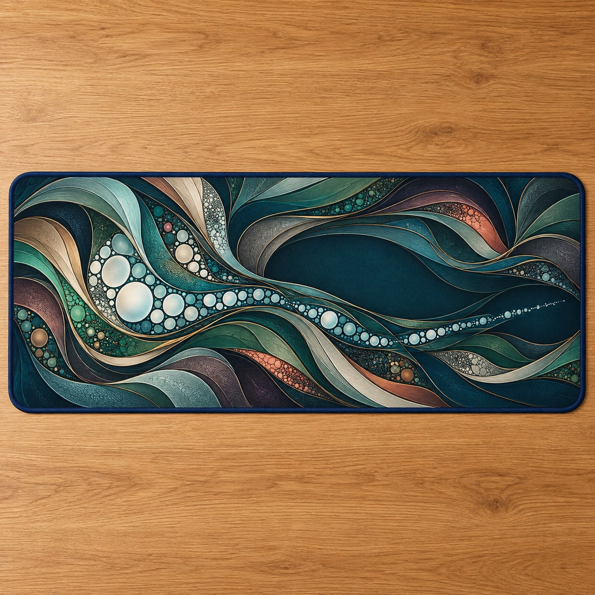 Luminous Aquascape Terraces Desk Mat with dimensional printed themed artwork; representative AI-generated mockup.