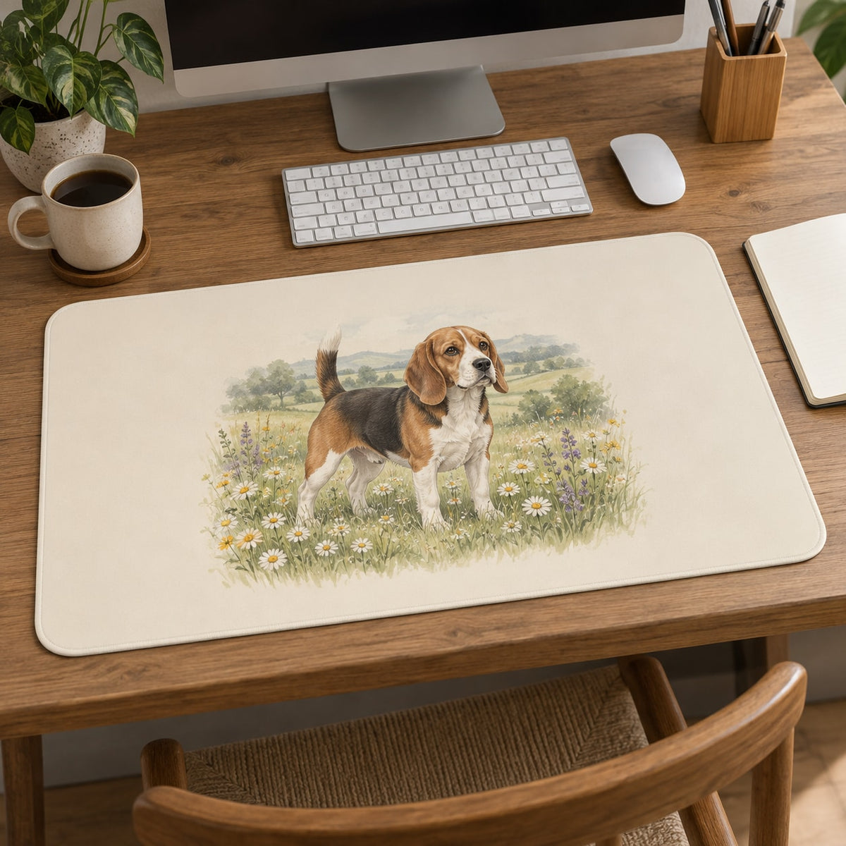 Beagle Desk Mat with dimensional printed themed artwork; representative AI-generated mockup.