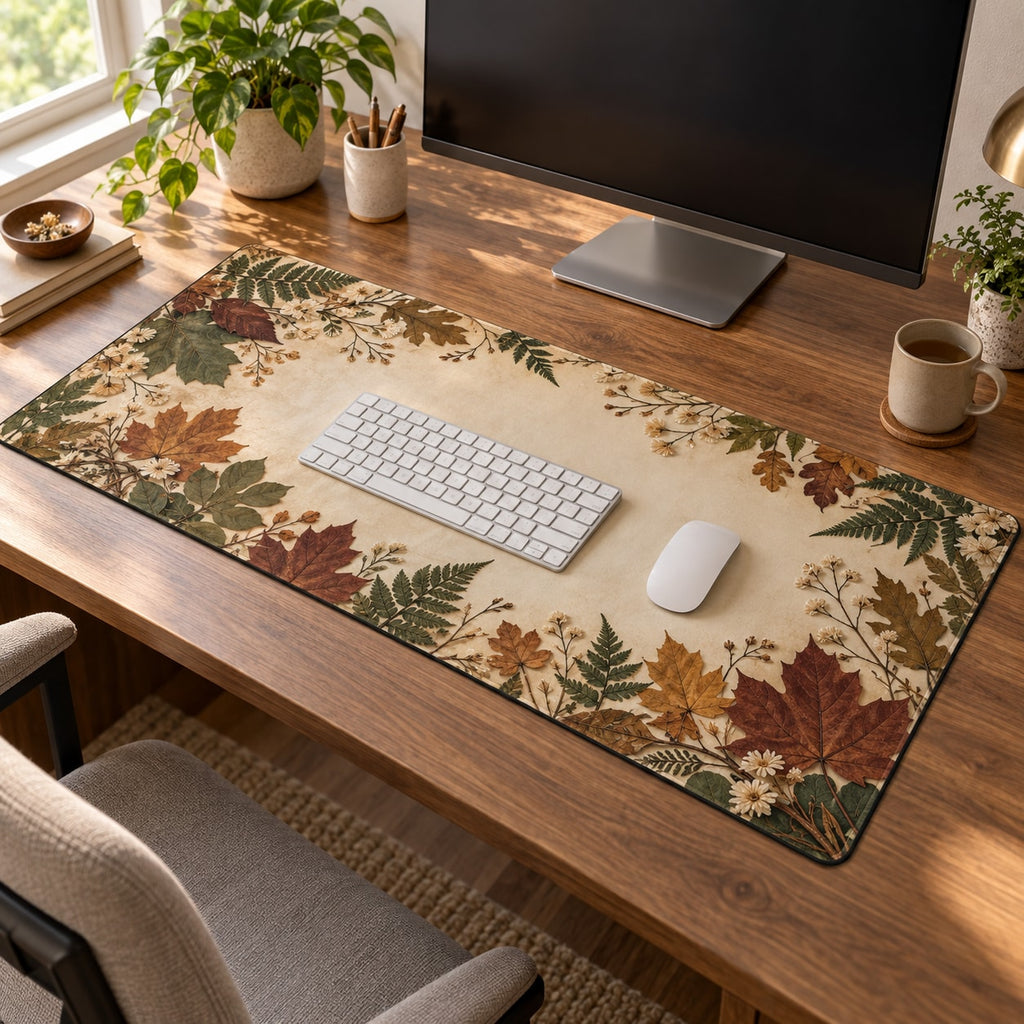 Pressed Woodland Leaves Desk Mat with dimensional printed themed artwork; representative AI-generated mockup.