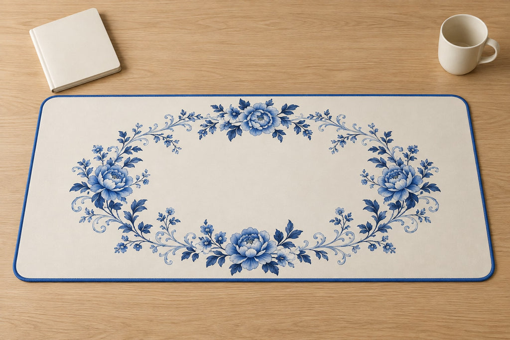 Blue Porcelain Wedding Wreath Desk Mat with dimensional printed themed artwork; representative AI-generated mockup.
