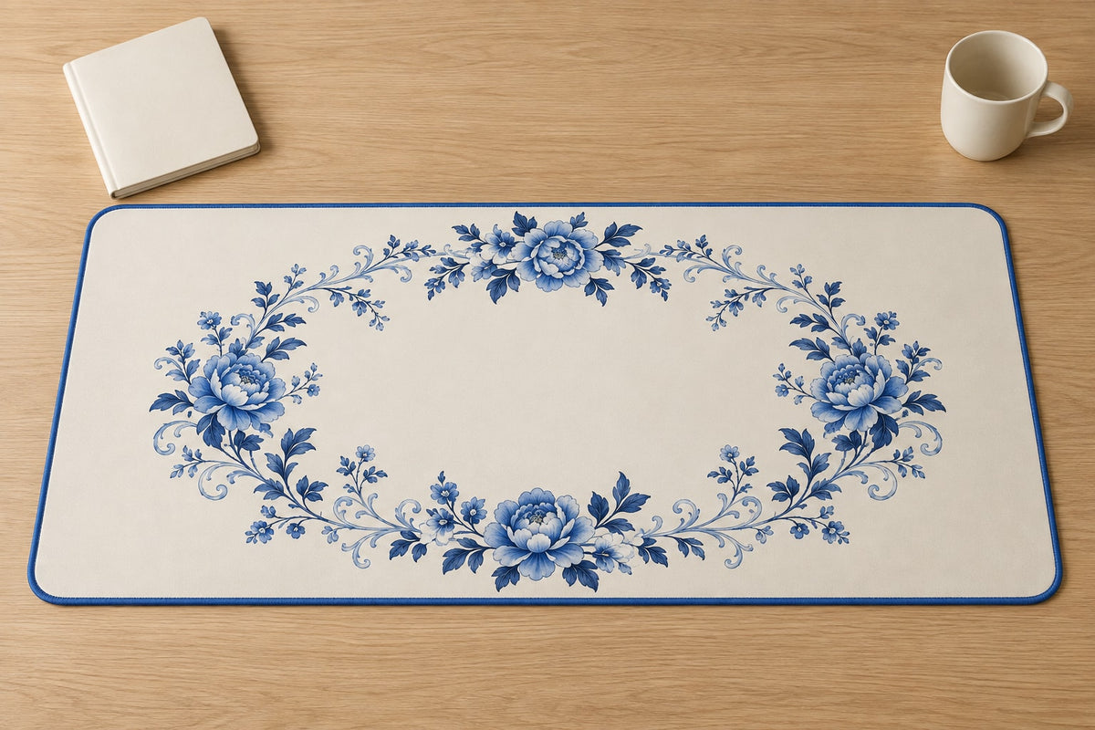 Blue Porcelain Wedding Wreath Desk Mat with dimensional printed themed artwork; representative AI-generated mockup.