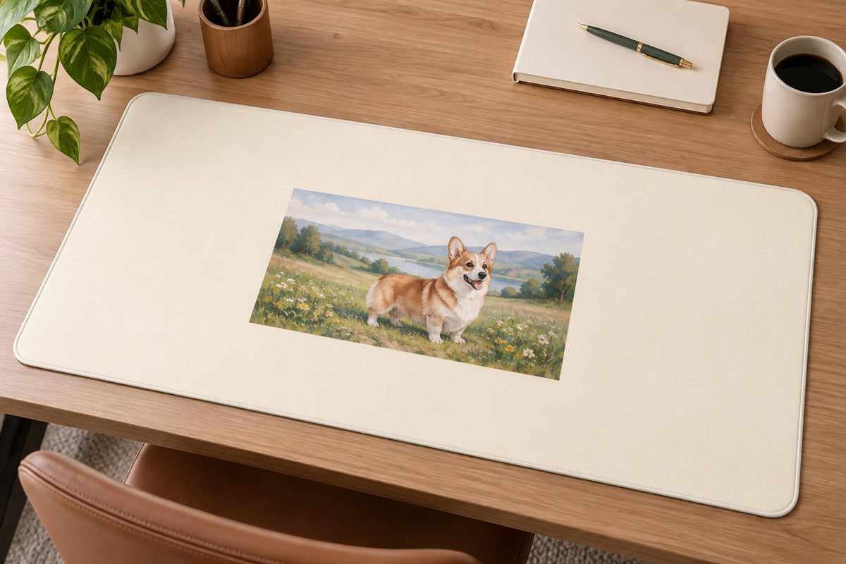 Corgi Desk Mat with dimensional printed themed artwork; representative AI-generated mockup.
