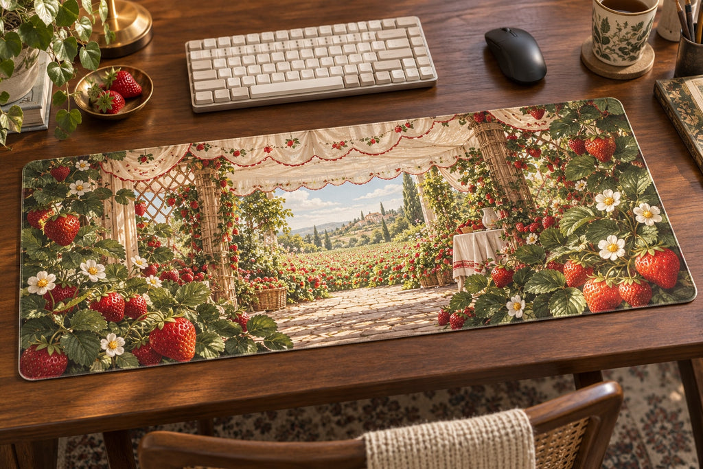 Strawberry Picnic Desk Mat with dimensional printed themed artwork; representative AI-generated mockup.