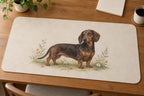Dachshund Desk Mat with dimensional printed themed artwork; representative AI-generated mockup.