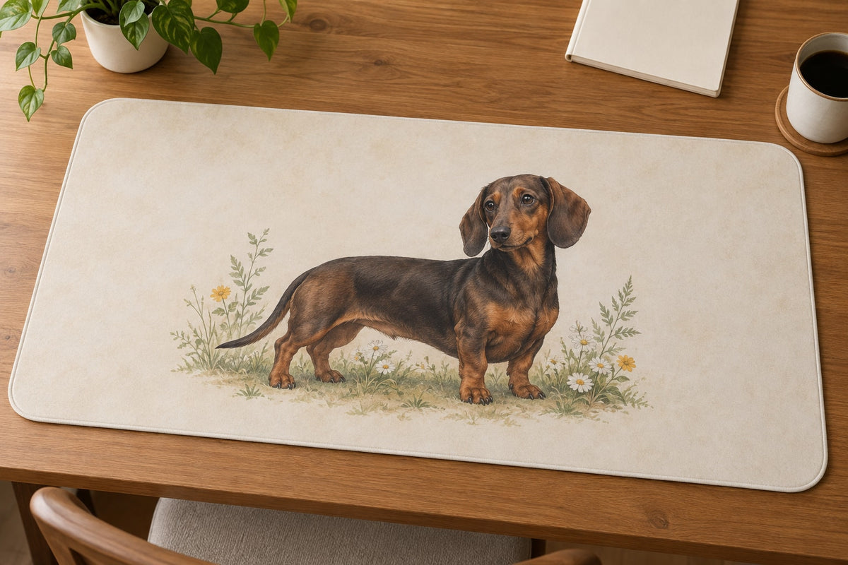 Dachshund Desk Mat with dimensional printed themed artwork; representative AI-generated mockup.