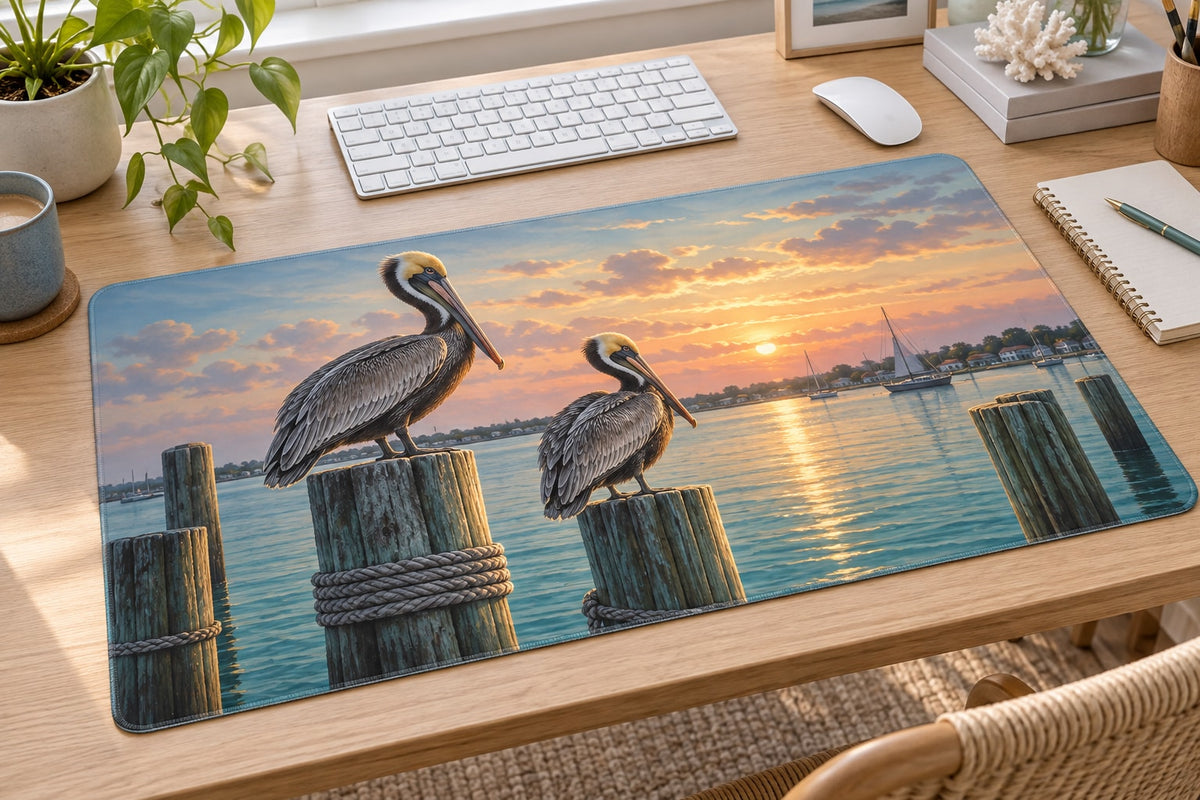 Pelican Dock Desk Mat with dimensional printed themed artwork; representative AI-generated mockup.