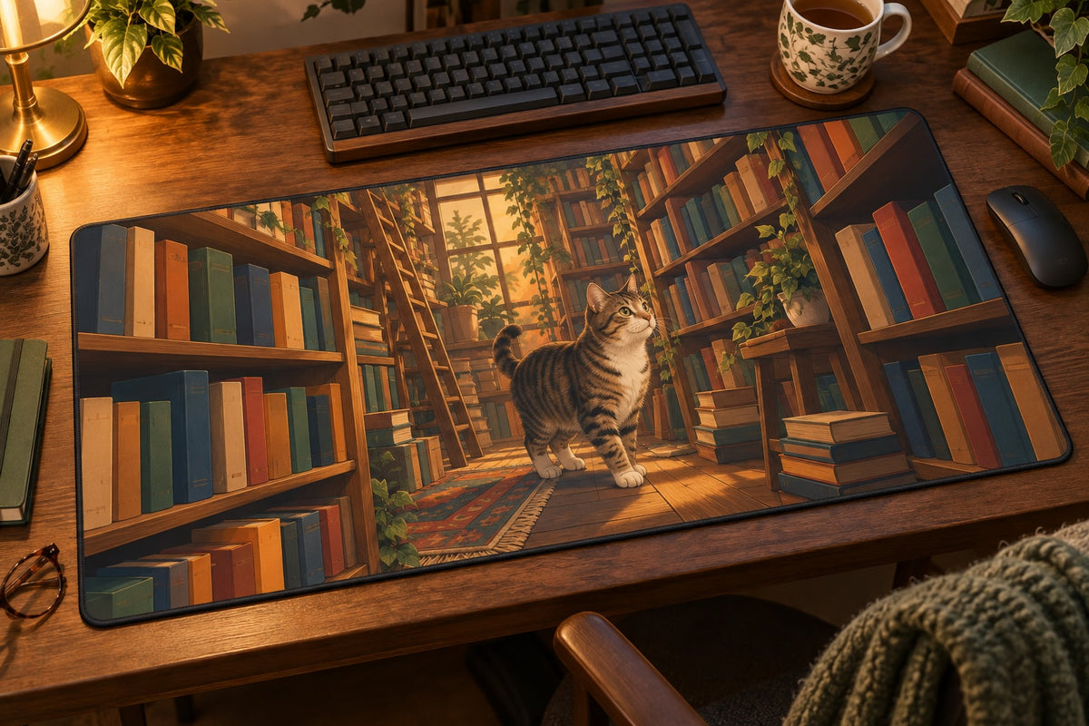 Cat in a Bookshop Desk Mat with dimensional printed themed artwork; representative AI-generated mockup.