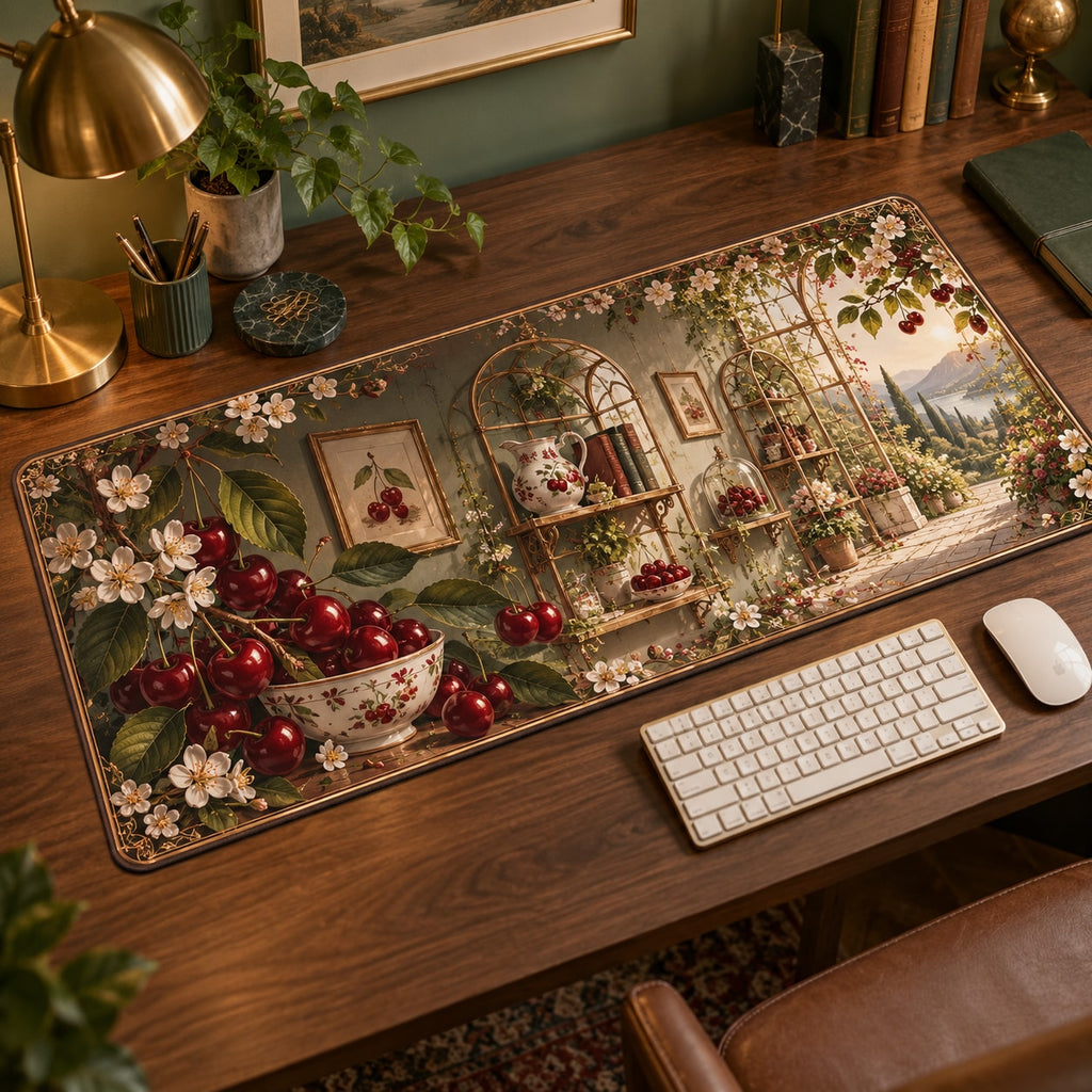 Cherry Kitchen Desk Mat with dimensional printed themed artwork; representative AI-generated mockup.